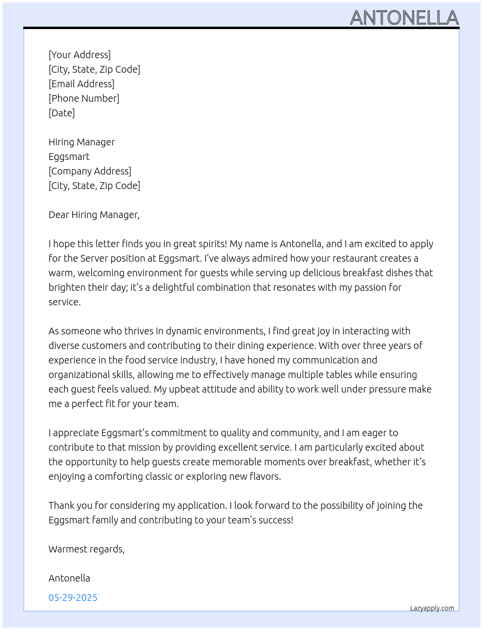 server At Eggsmart Cover Letter