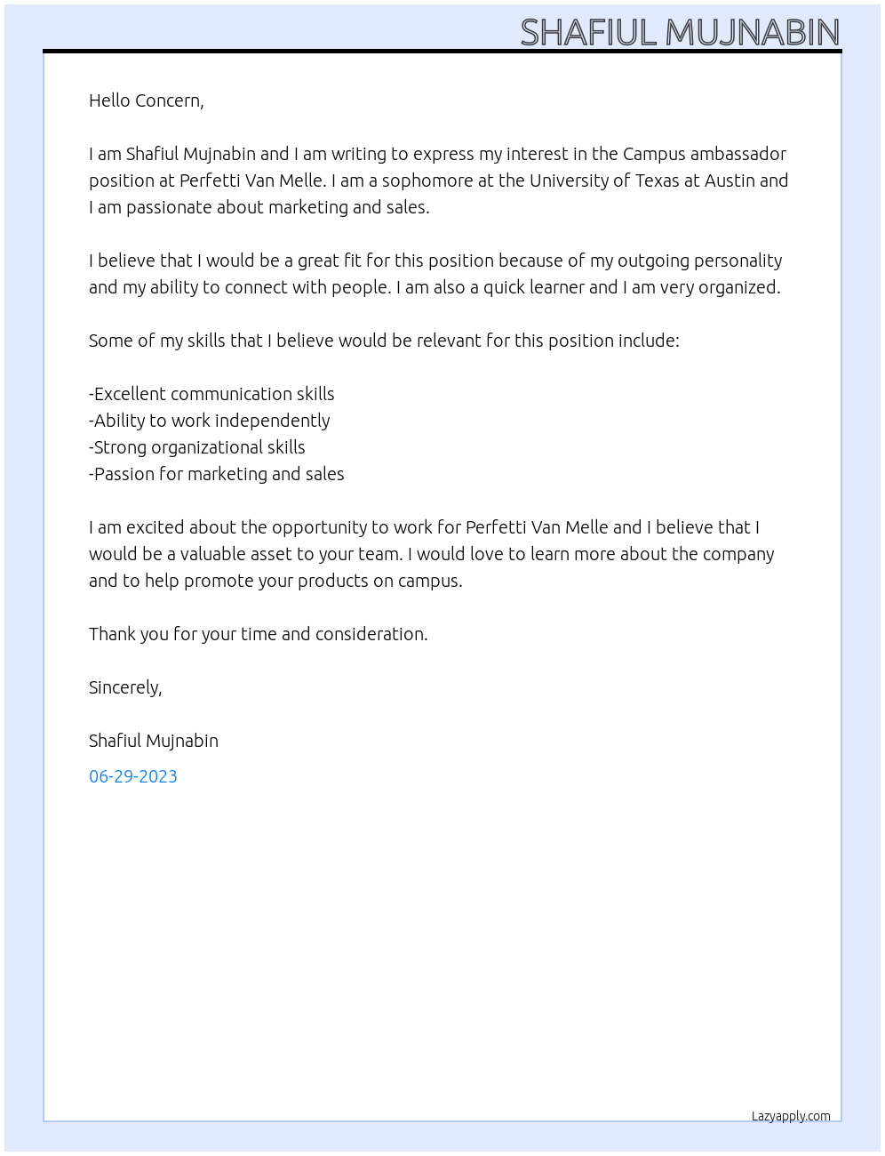 Campus ambassador At Perfetti Van Melle  Cover Letter