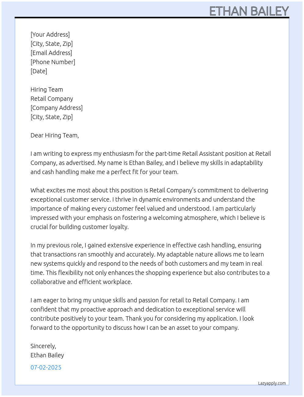 retail assistant At retail company Cover Letter