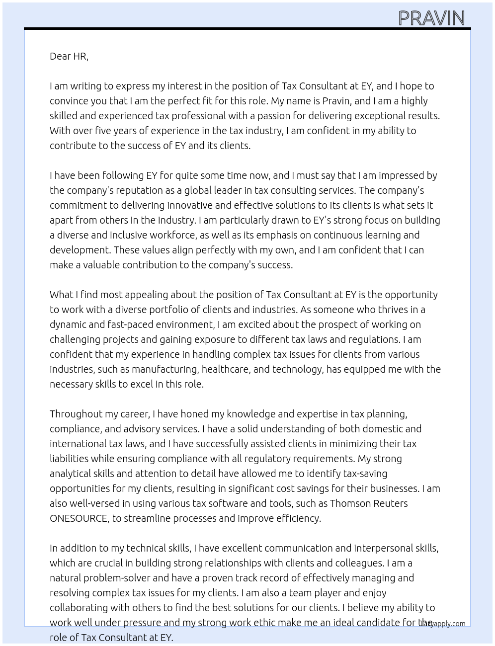 Tax Consultant At EY Cover Letter