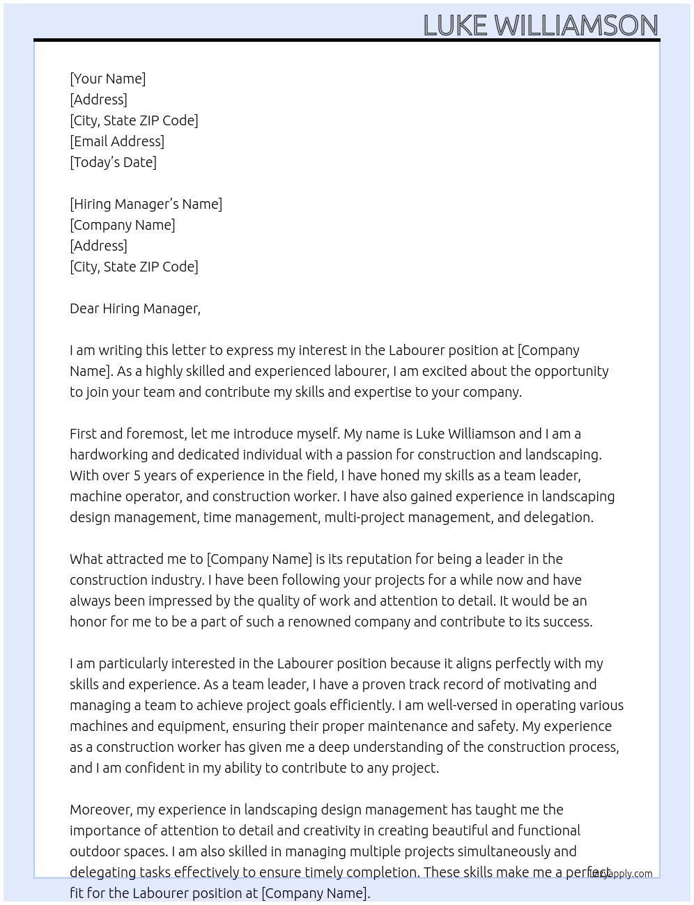 Labourer At TBC Cover Letter