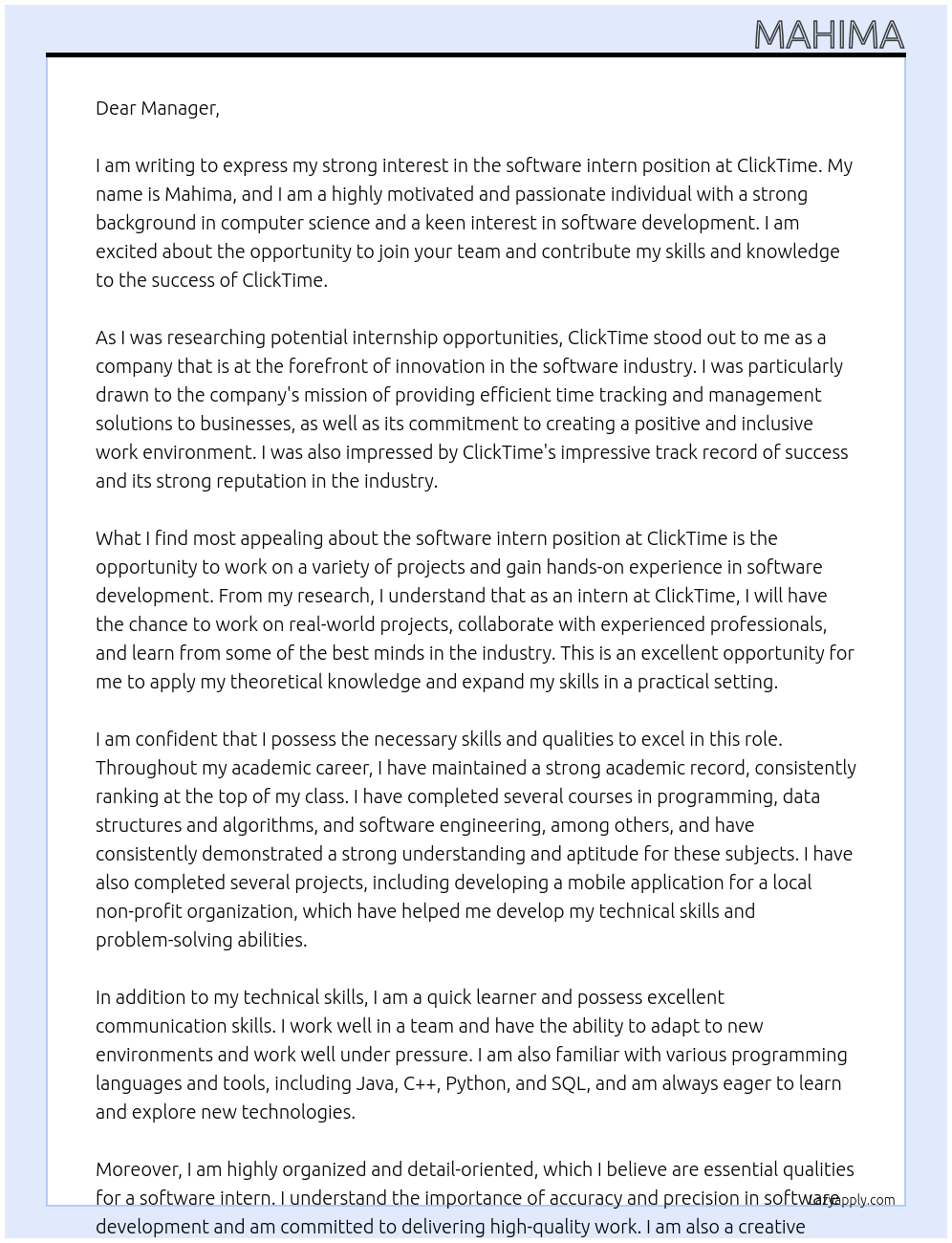 software intern At ClickTime Cover Letter