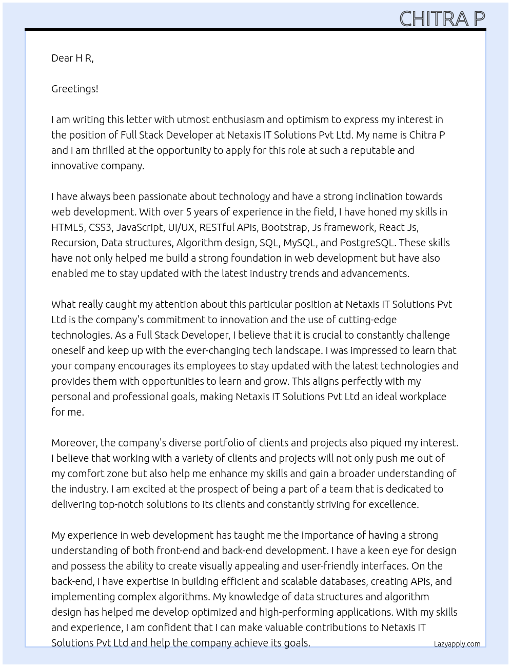 Full stack developer At Netaxis IT Solutions Pvt Ltd Cover Letter