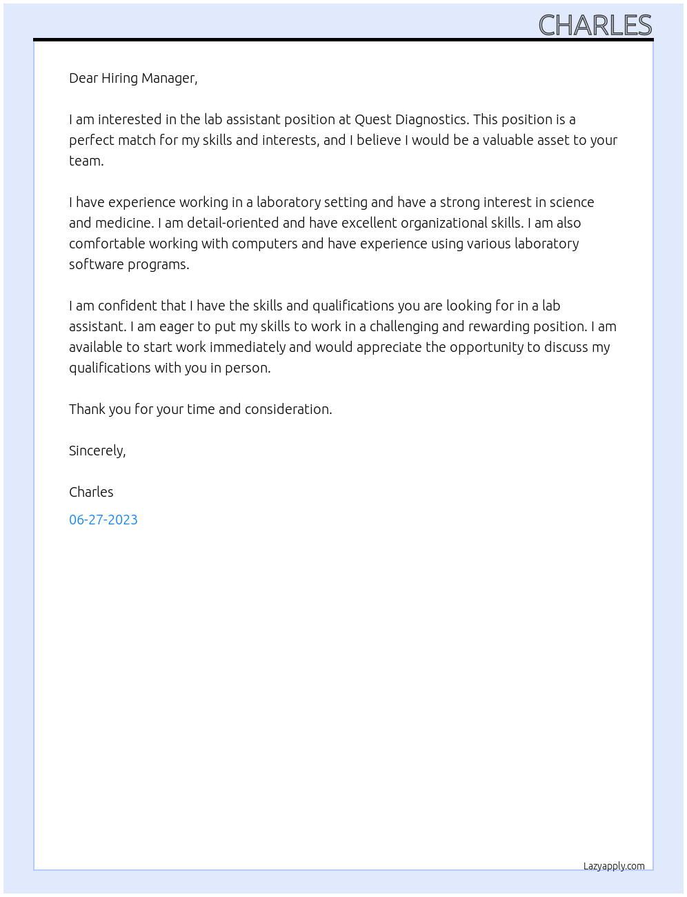 Lab assistant At Quest Diagnostics Cover Letter