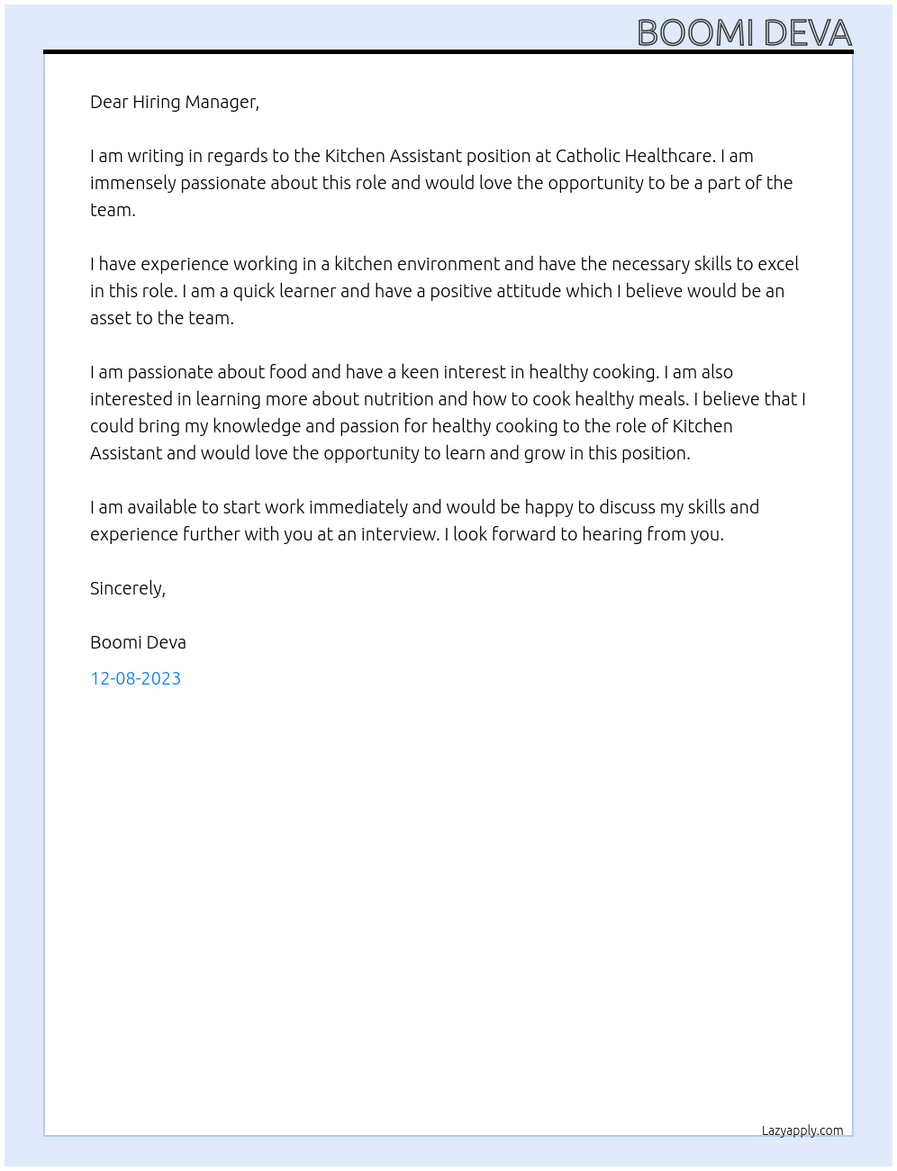 Kitchen assistant At Catholic healthcare Cover Letter