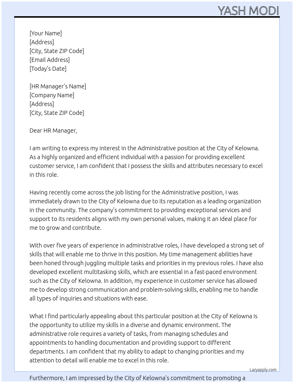 Administrative At City of Kelowna Cover Letter