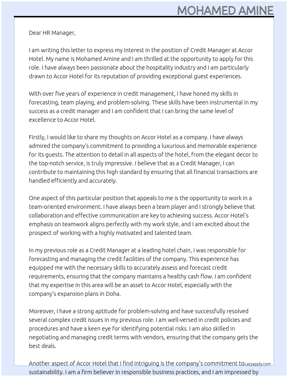 Credit Manager At Accor Hotel Cover Letter