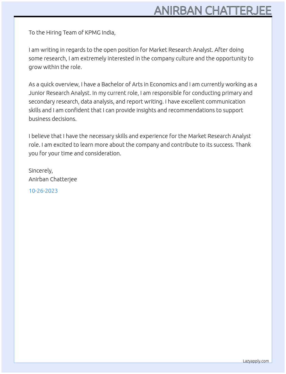 Cover letter for market research analyst - LazyApply