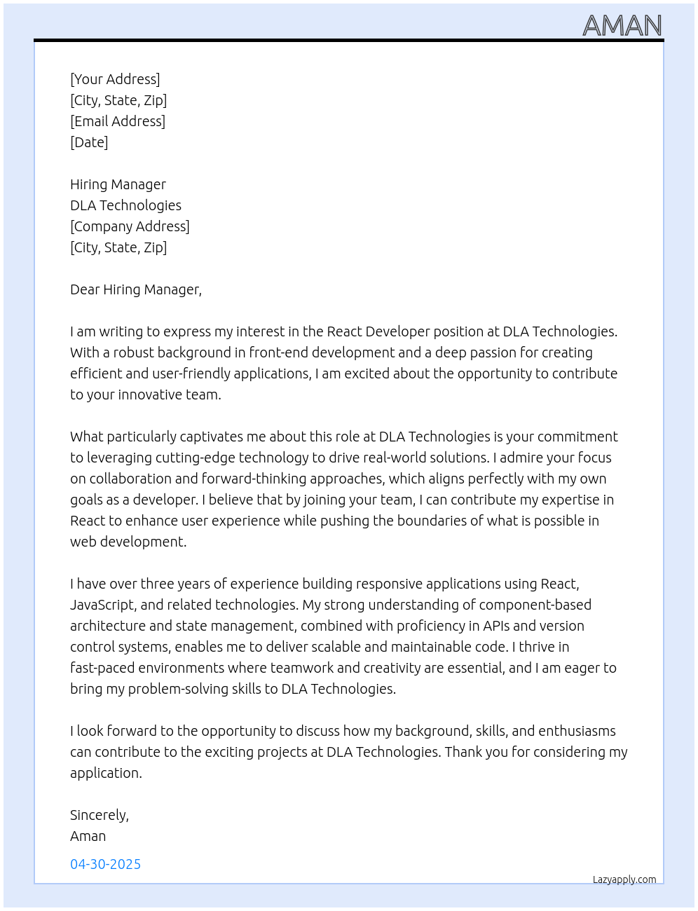 React Job At DLA Technologies Cover Letter