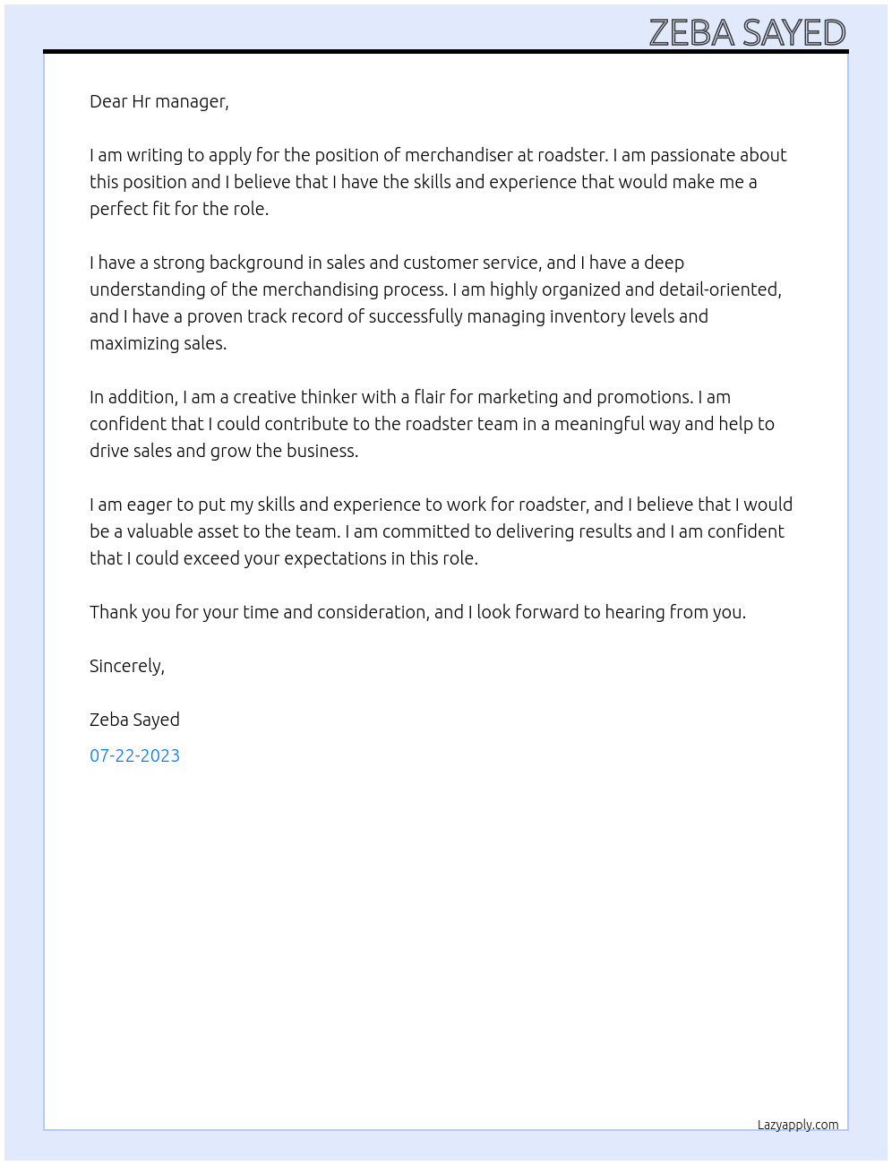 merchandiser At roadster Cover Letter