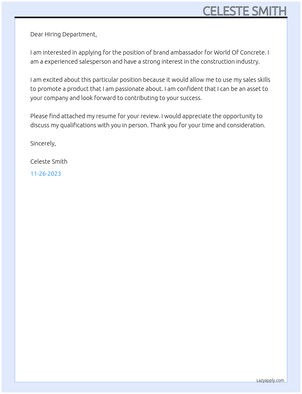 Brand ambassador At World Of Concrete Cover Letter