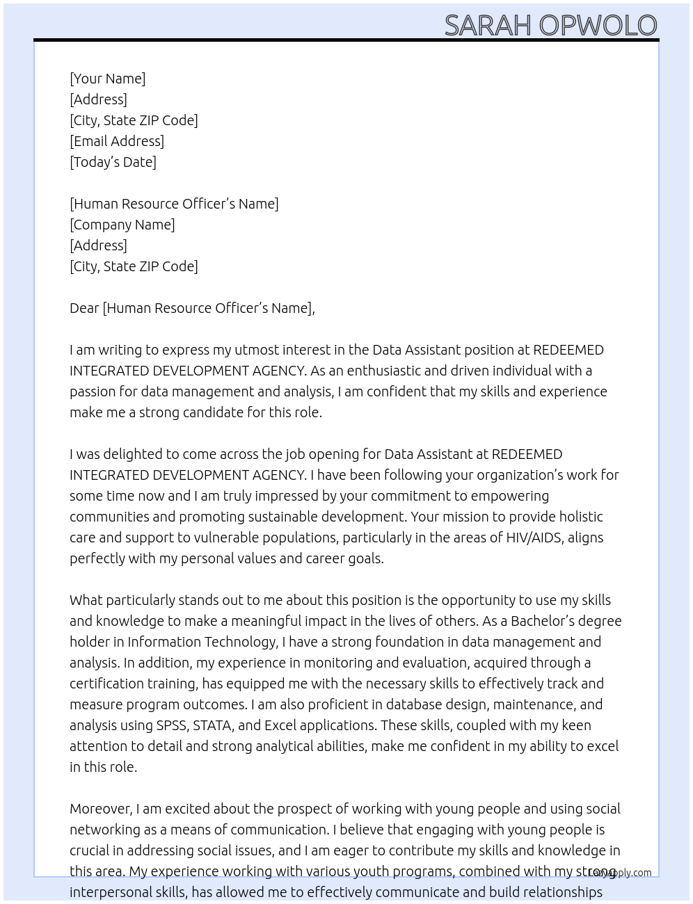 Data Assistant At REDEEMED INTEGRATED DEVELOPMENT AGENCY Cover Letter