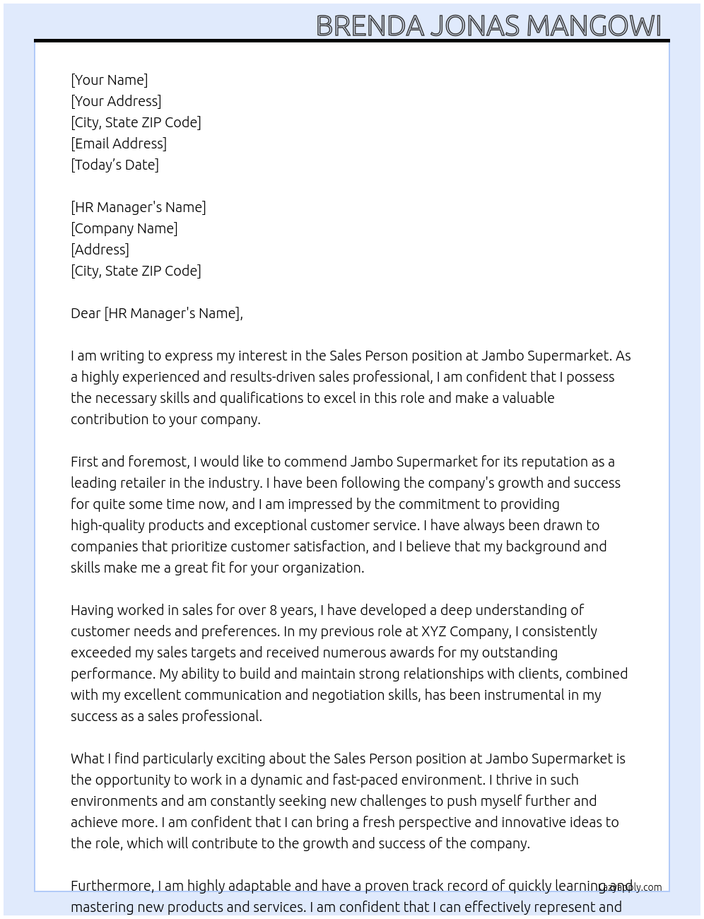 Sales Person At JAMBO SUPERMARKET Cover Letter