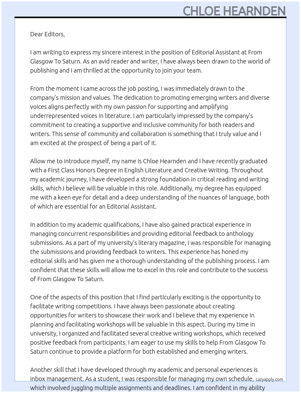 Editorial Assistant At From Glasgow To Saturn Cover Letter