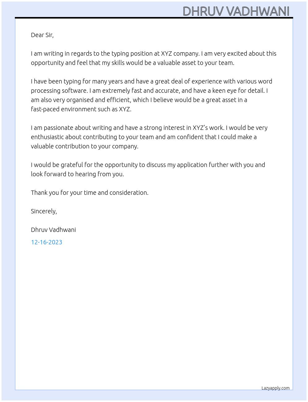 Typing At Xyz Cover Letter