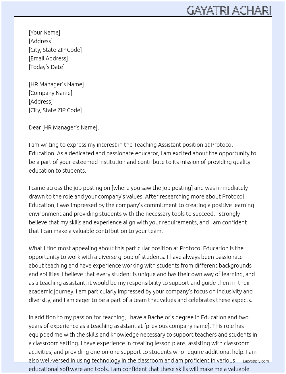 Teaching assistant At Protocol education Cover Letter