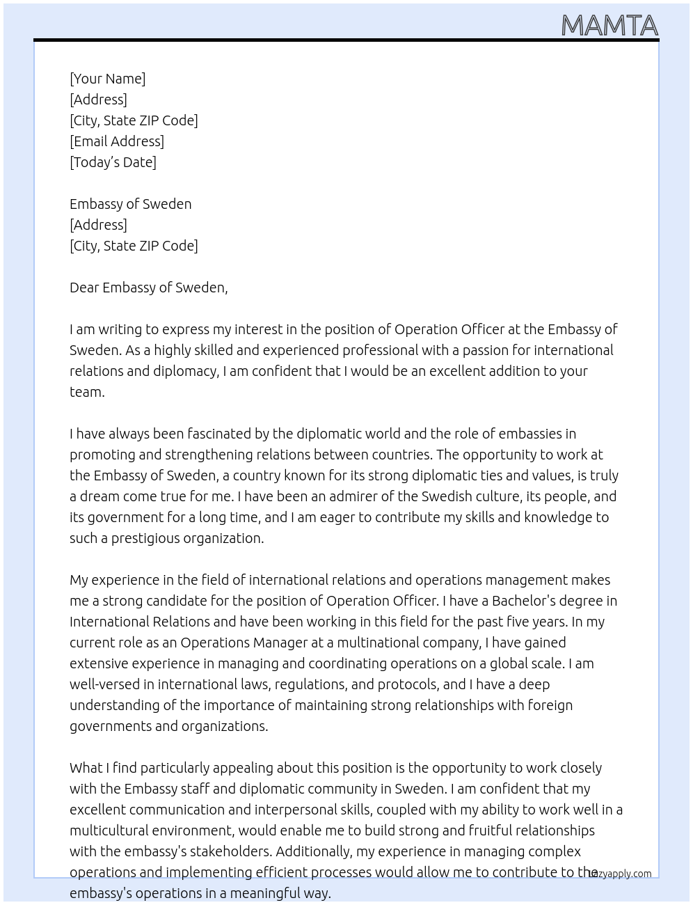 Operation officer At Sweden embassy  Cover Letter