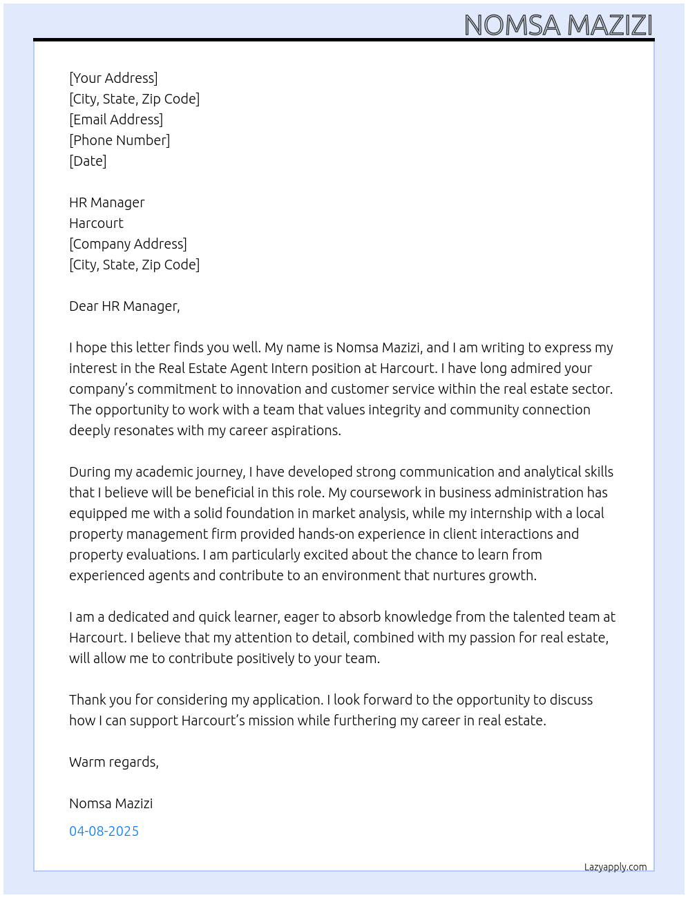 Cover letter for real estate agent intern - LazyApply
