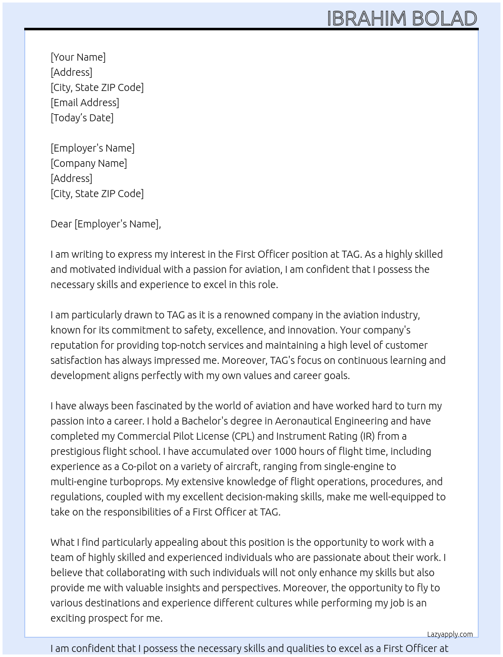First officer At TAG Cover Letter