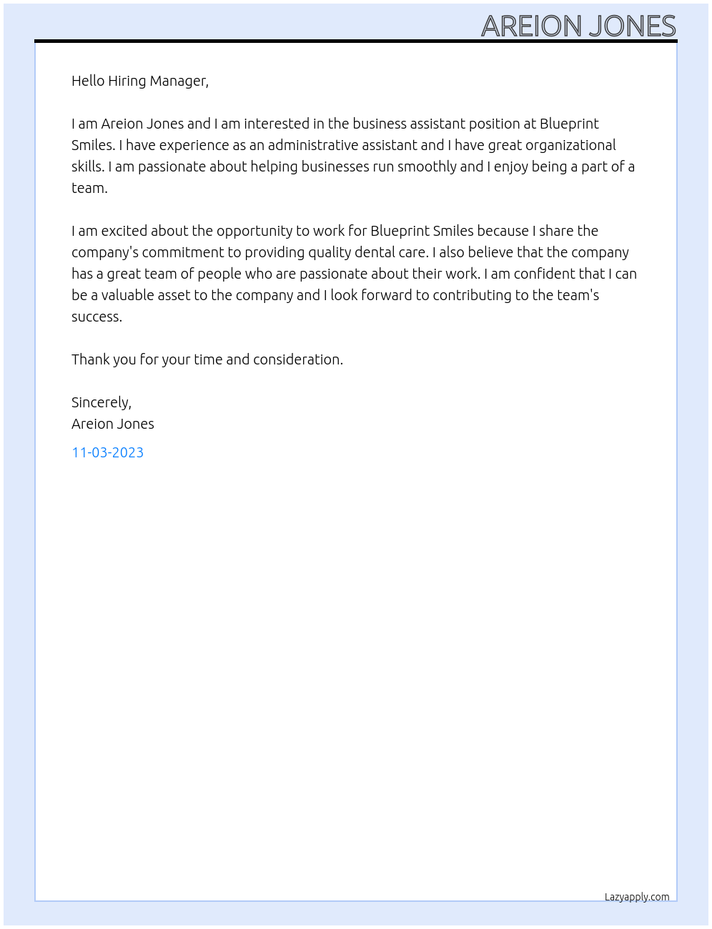 Business assistant  At Blueprint Smiles Cover Letter