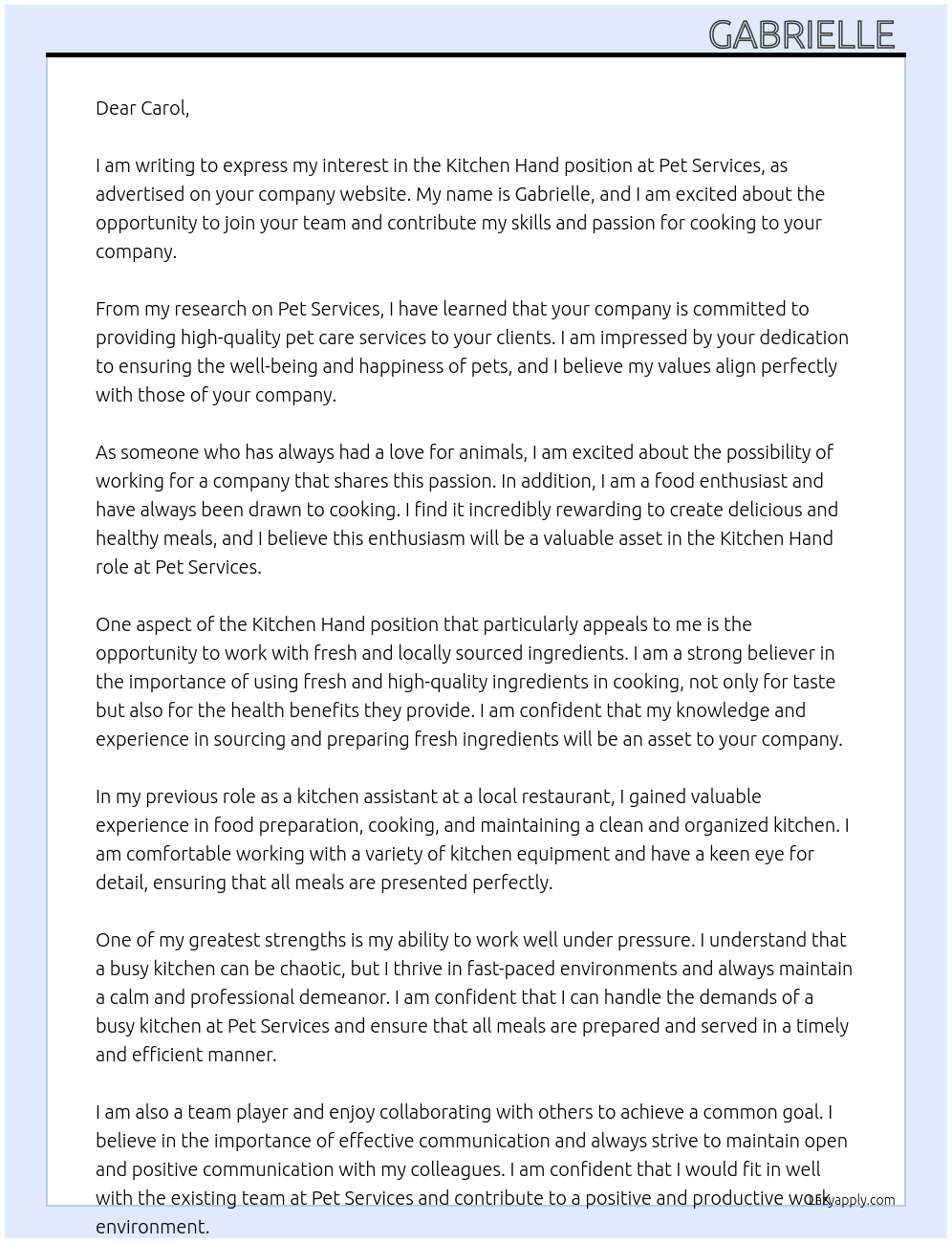 Kitchen hand At Pet services Cover Letter
