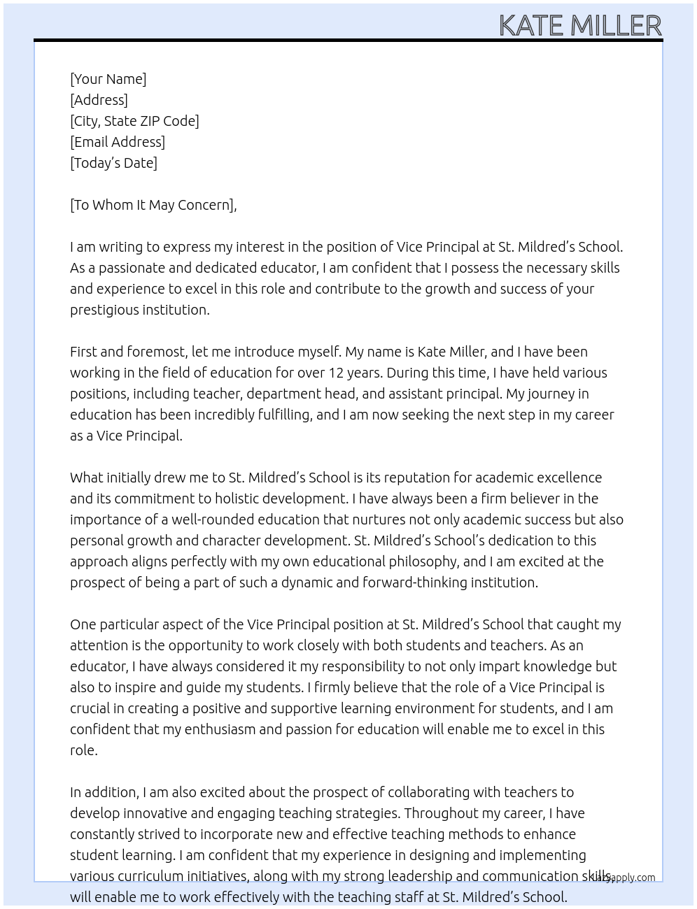 Vice principal At St. Mildred' School Cover Letter