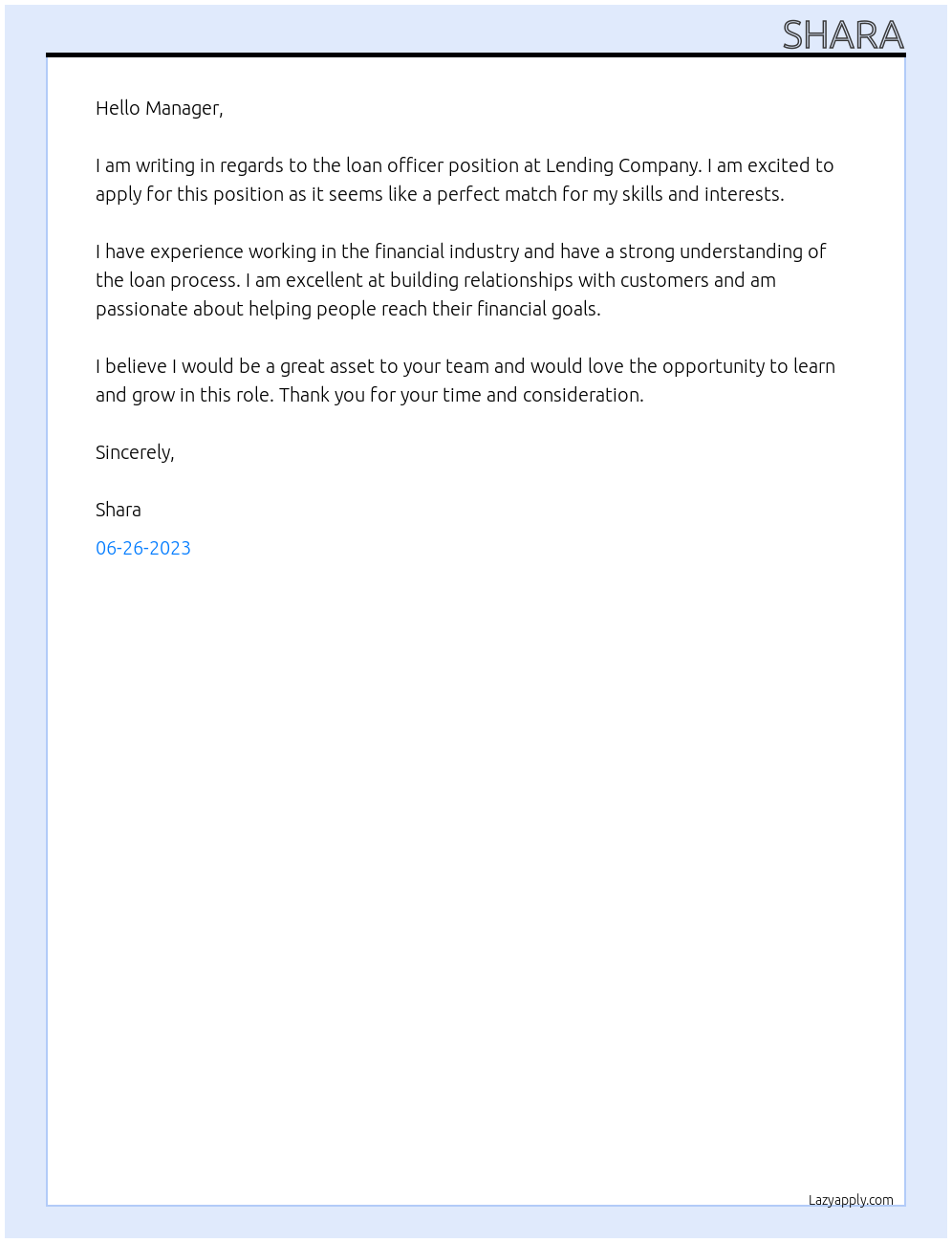 loan officer At lending company Cover Letter