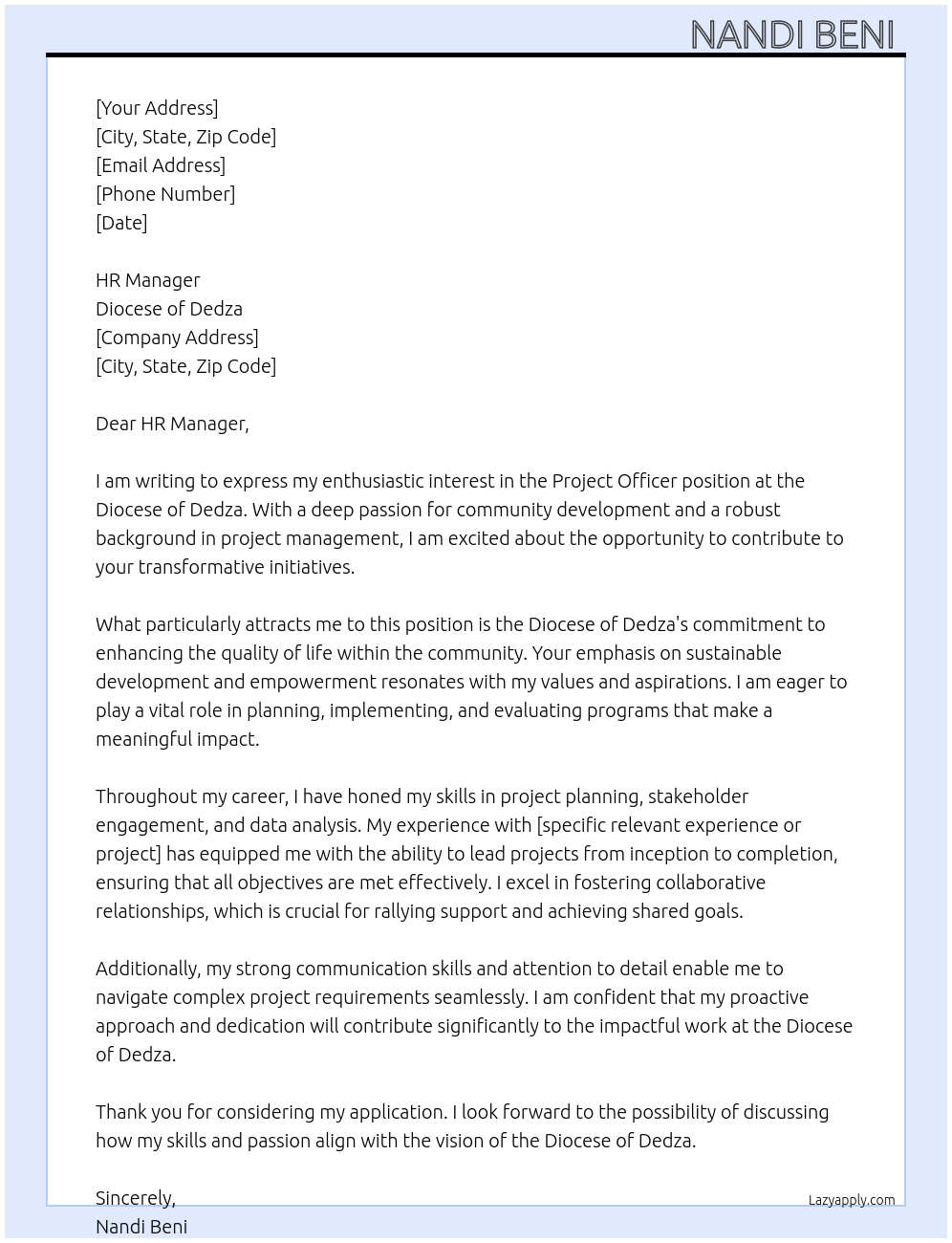 Project Officer At Diocese of Dedza Cover Letter