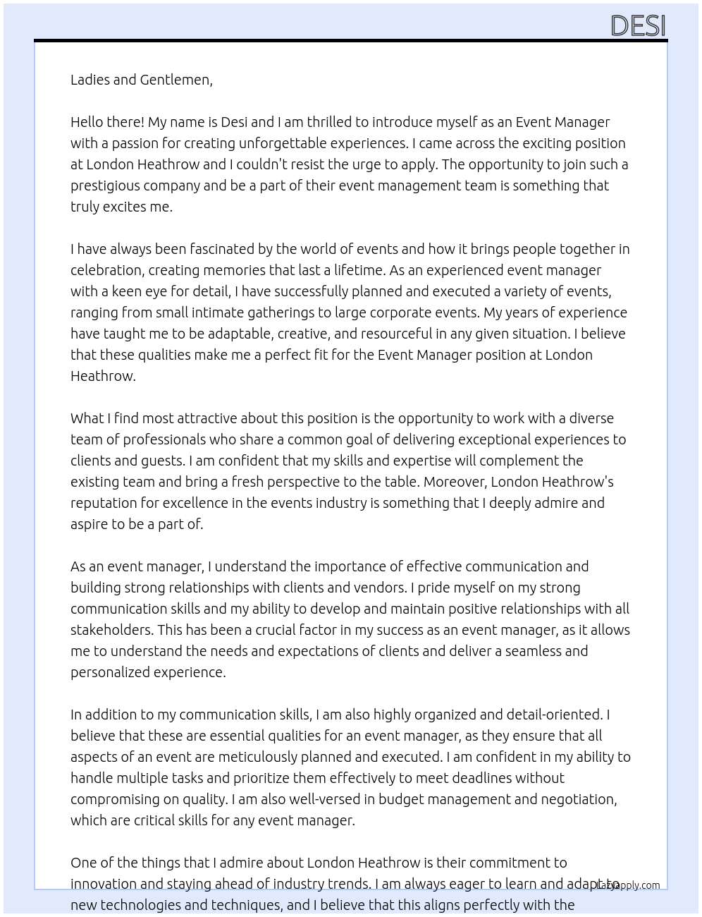 Event Manager At London Heathrow Cover Letter