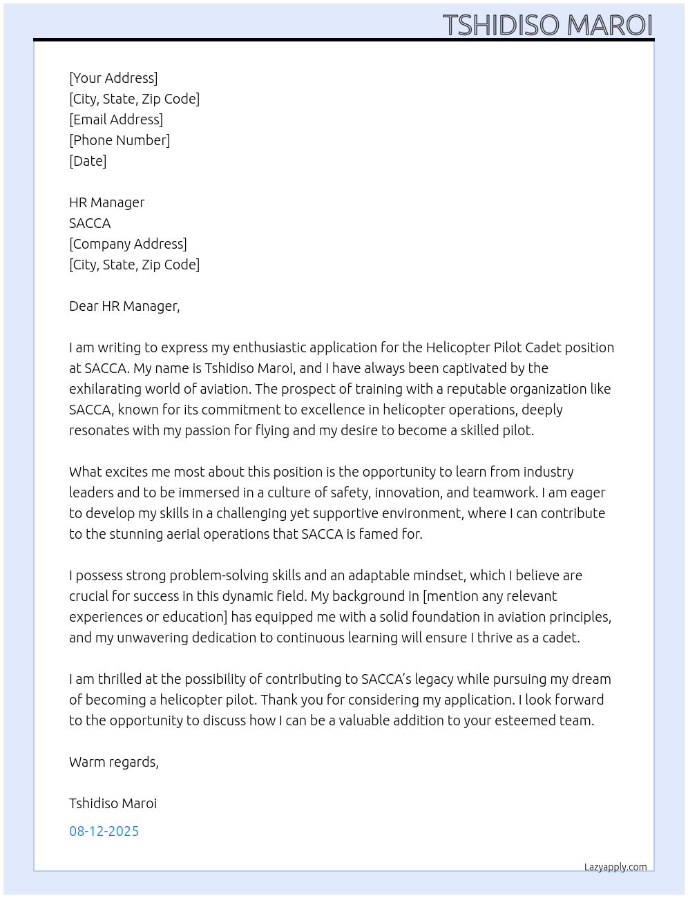 Cover letter for helicoptor  pilot cadet - LazyApply