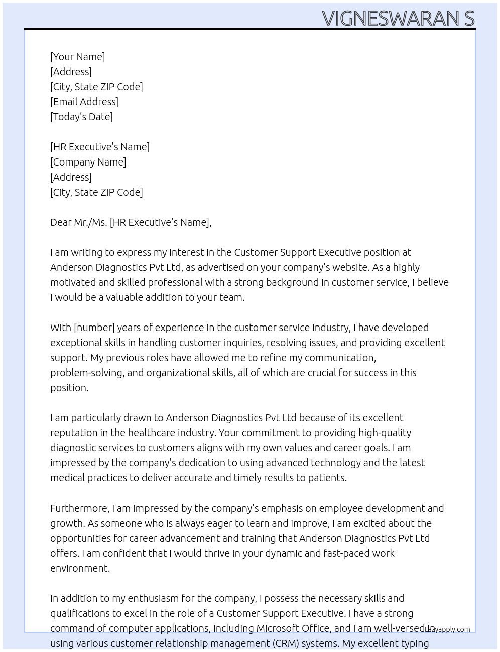 Customer Support Executive At Anderson Diagnostics Pvt Ltd Cover Letter