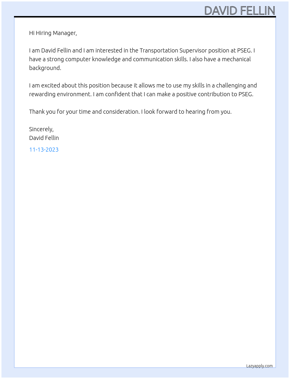 Transportation Supervisor At PSEG Cover Letter