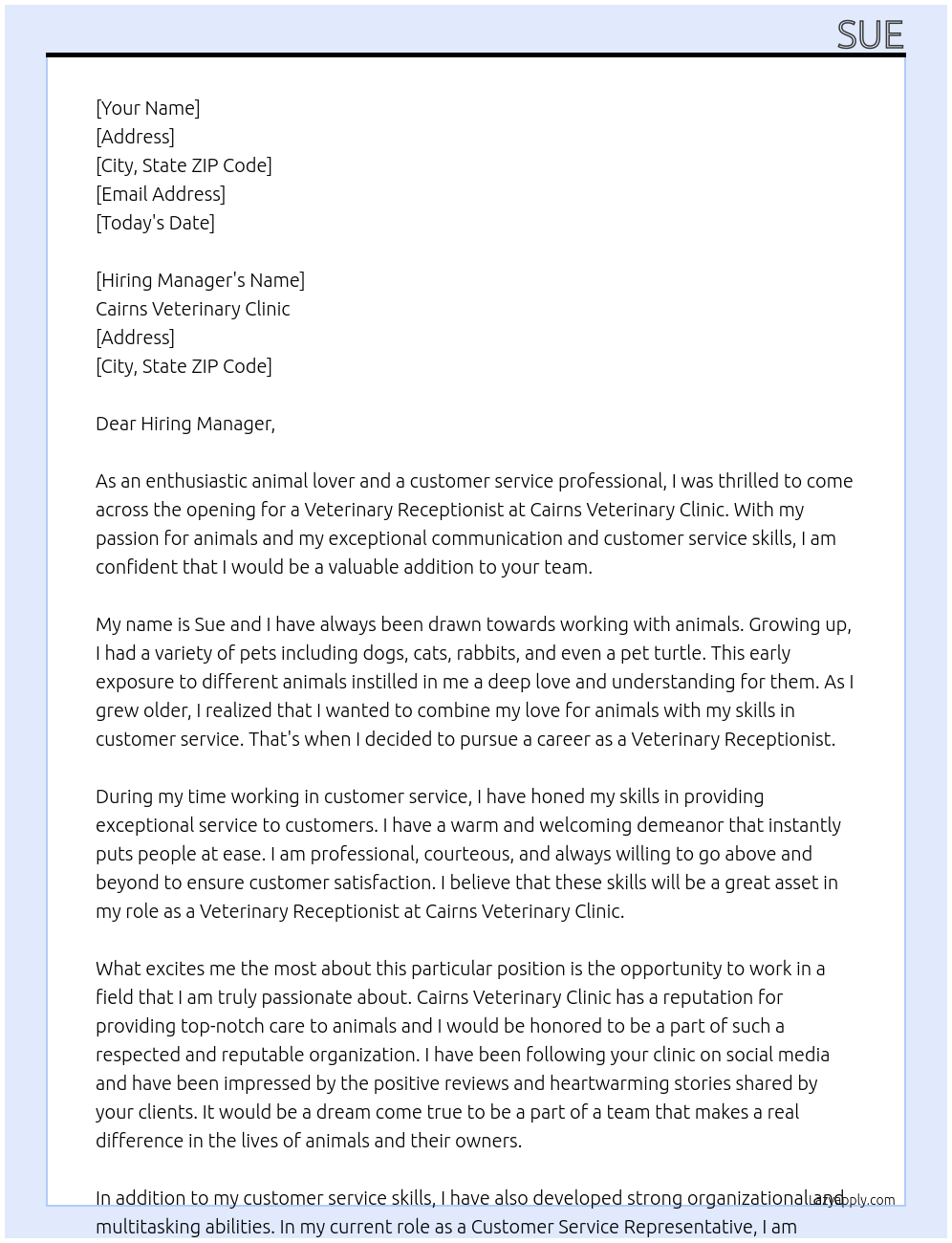 Veterinary Receptionist At Cairns Veterinary Clinic Cover Letter