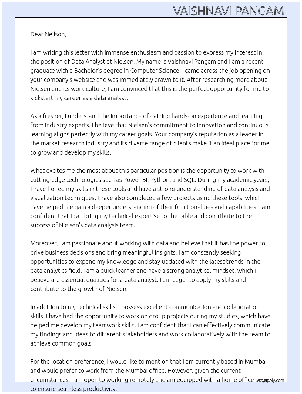 Data analyst fresher At Nielsen Cover Letter