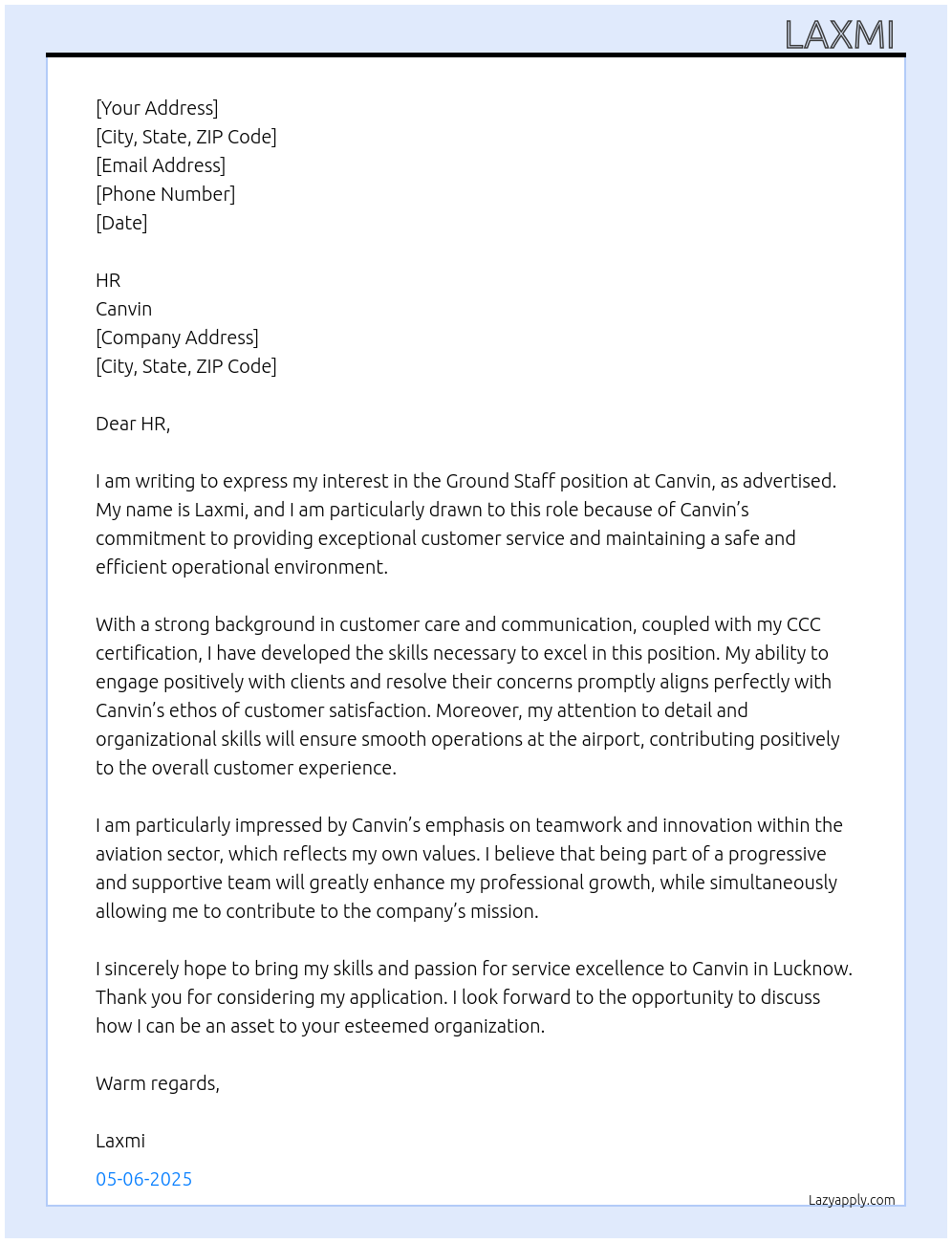 ground staff At Canvin Cover Letter