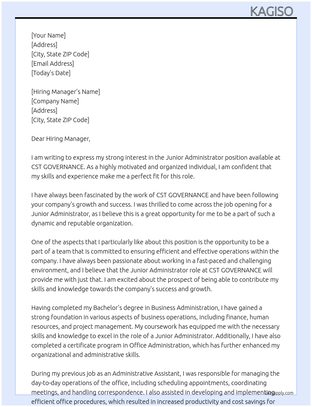 Junior administrator  At CST GOVERNANCE  Cover Letter