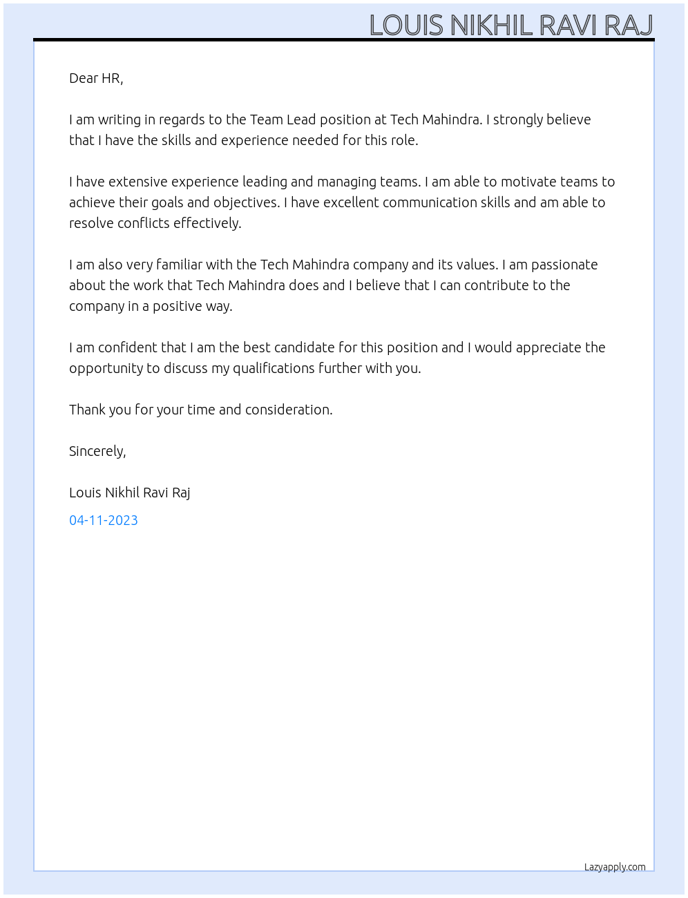 Team Lead At Tech Mahindra Cover Letter