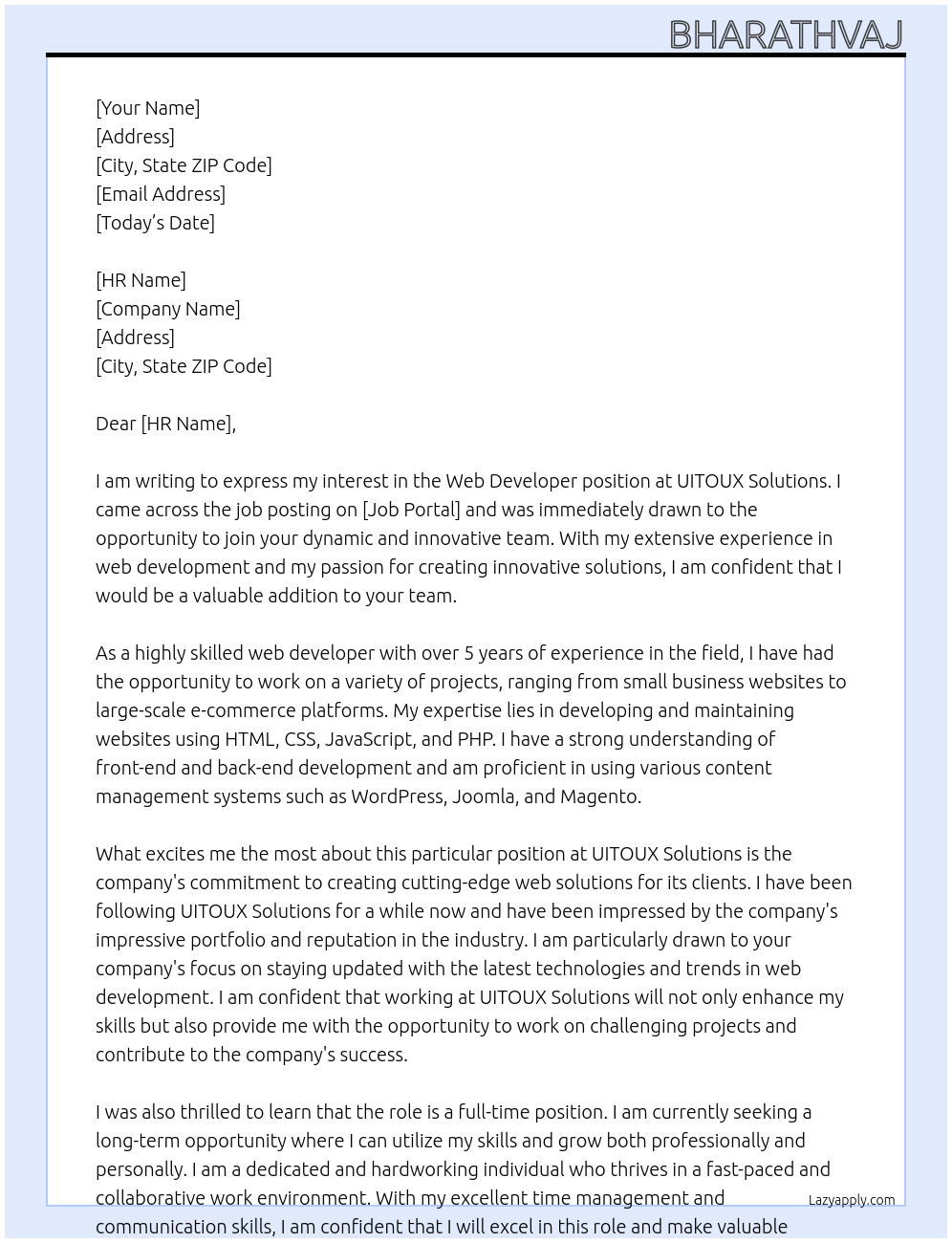 Web developer At uitoux solutions Cover Letter