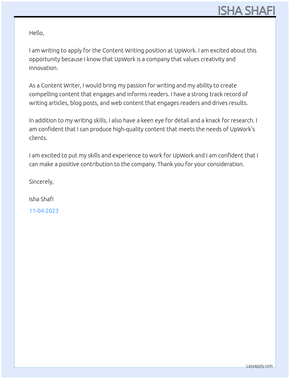 CONTENT WRITING At UpWork Cover Letter