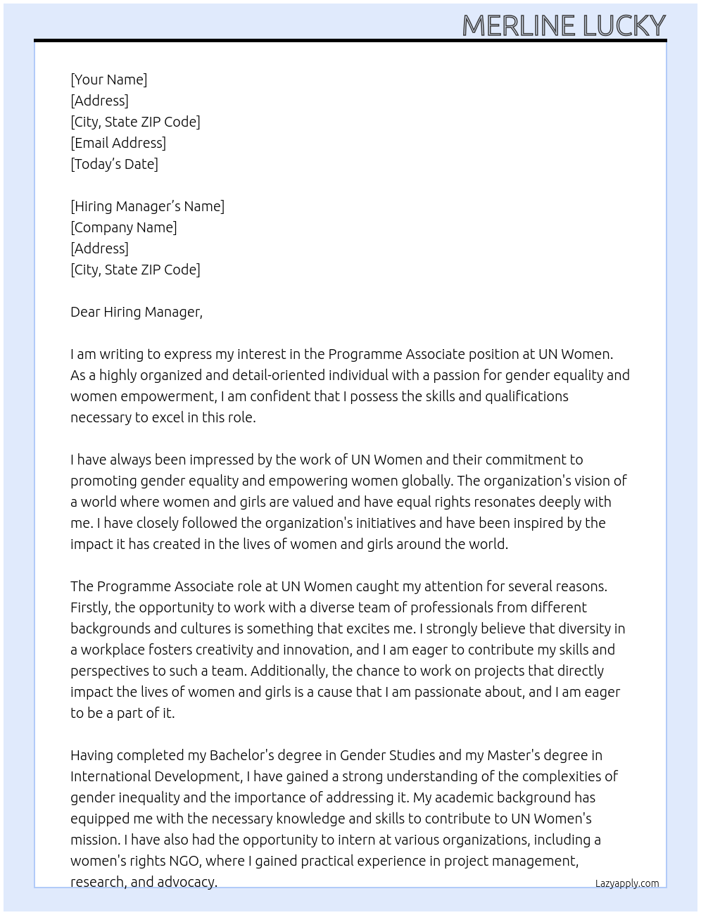 Programme associate At UN Women Cover Letter