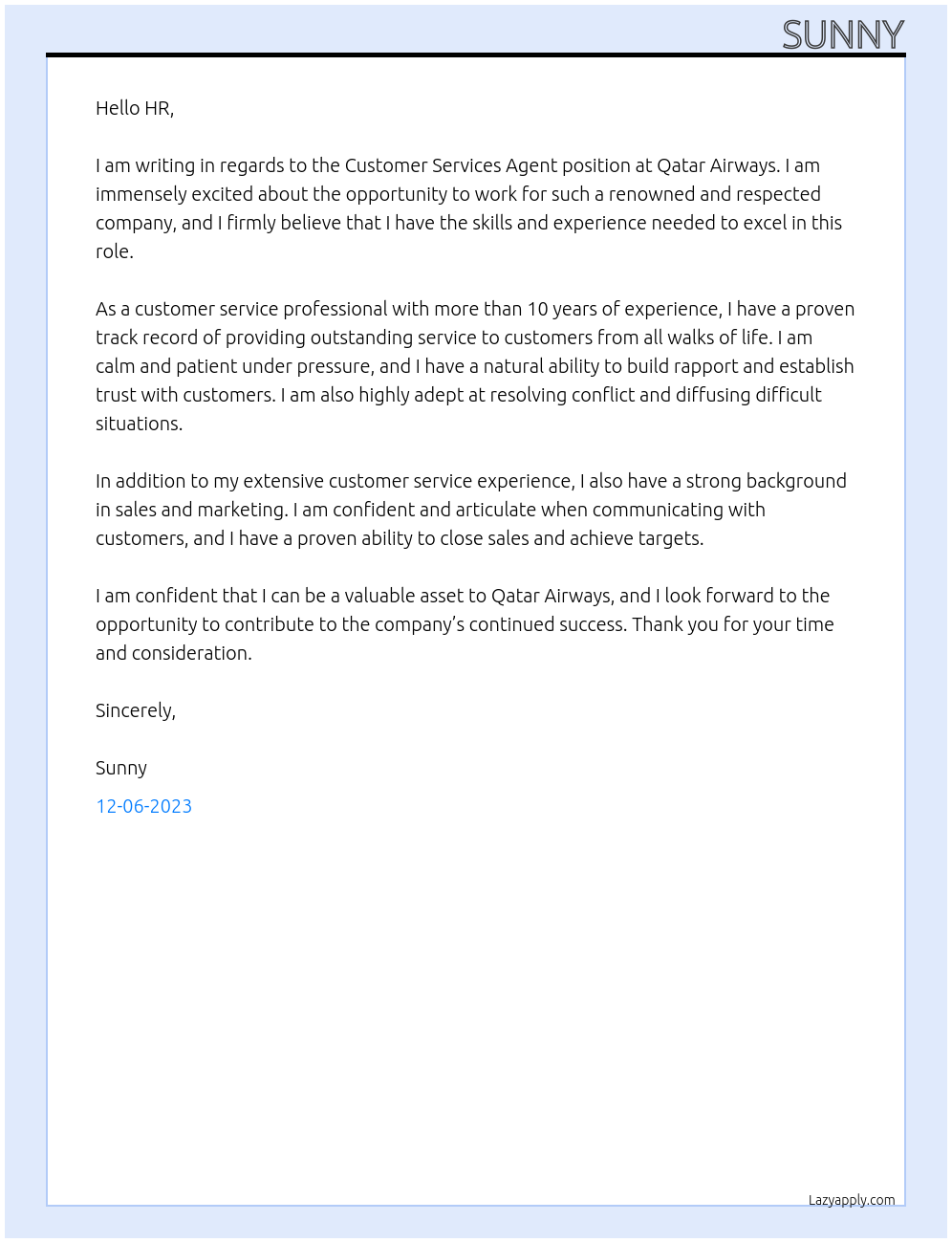 Customer Services Agent At QATAR AIRWAYS Cover Letter