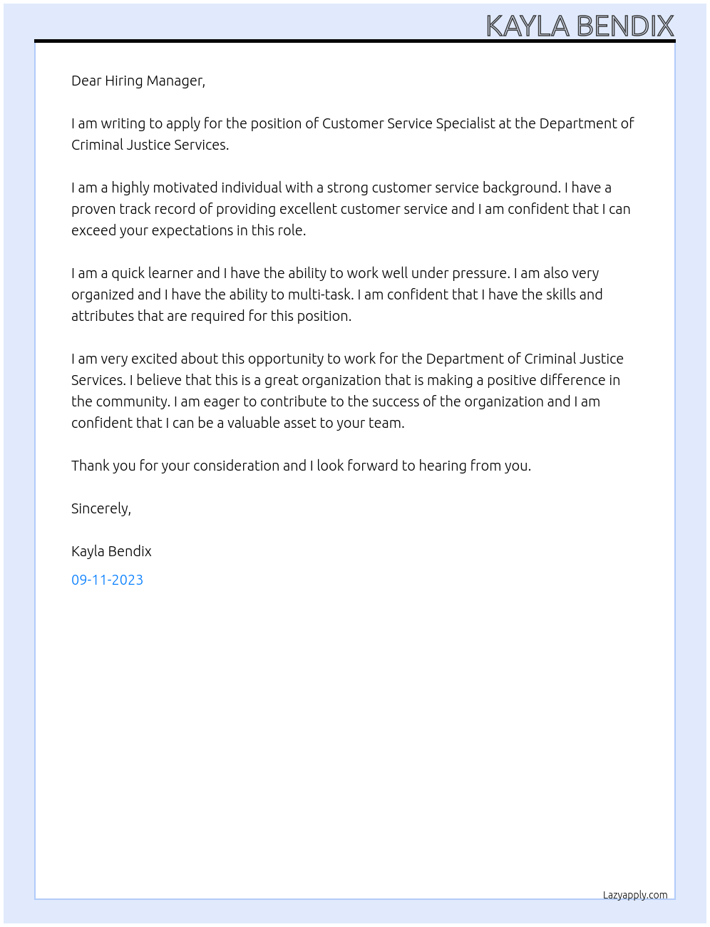 Customer Service Specialist At Department of Criminal Justice Services Cover Letter