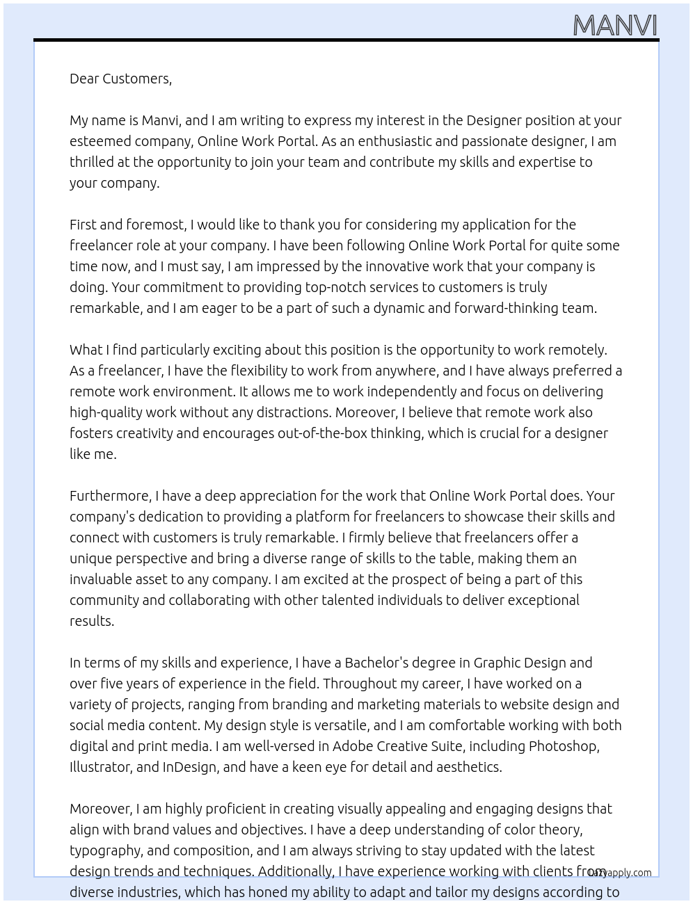 designer At online work portal Cover Letter