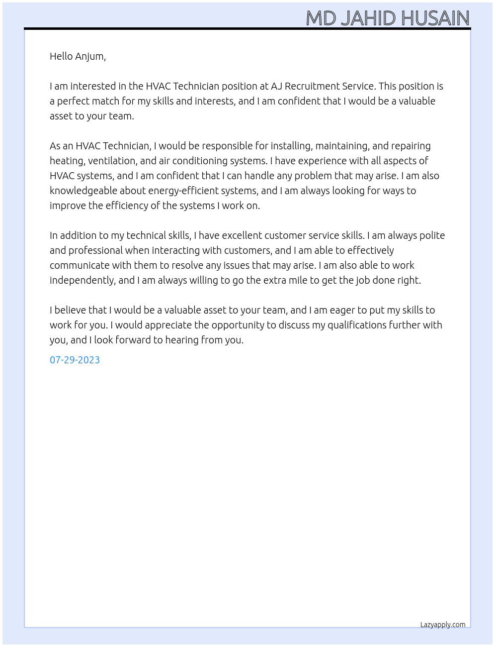 HVAC Technician At AJ Recruitment Service Cover Letter