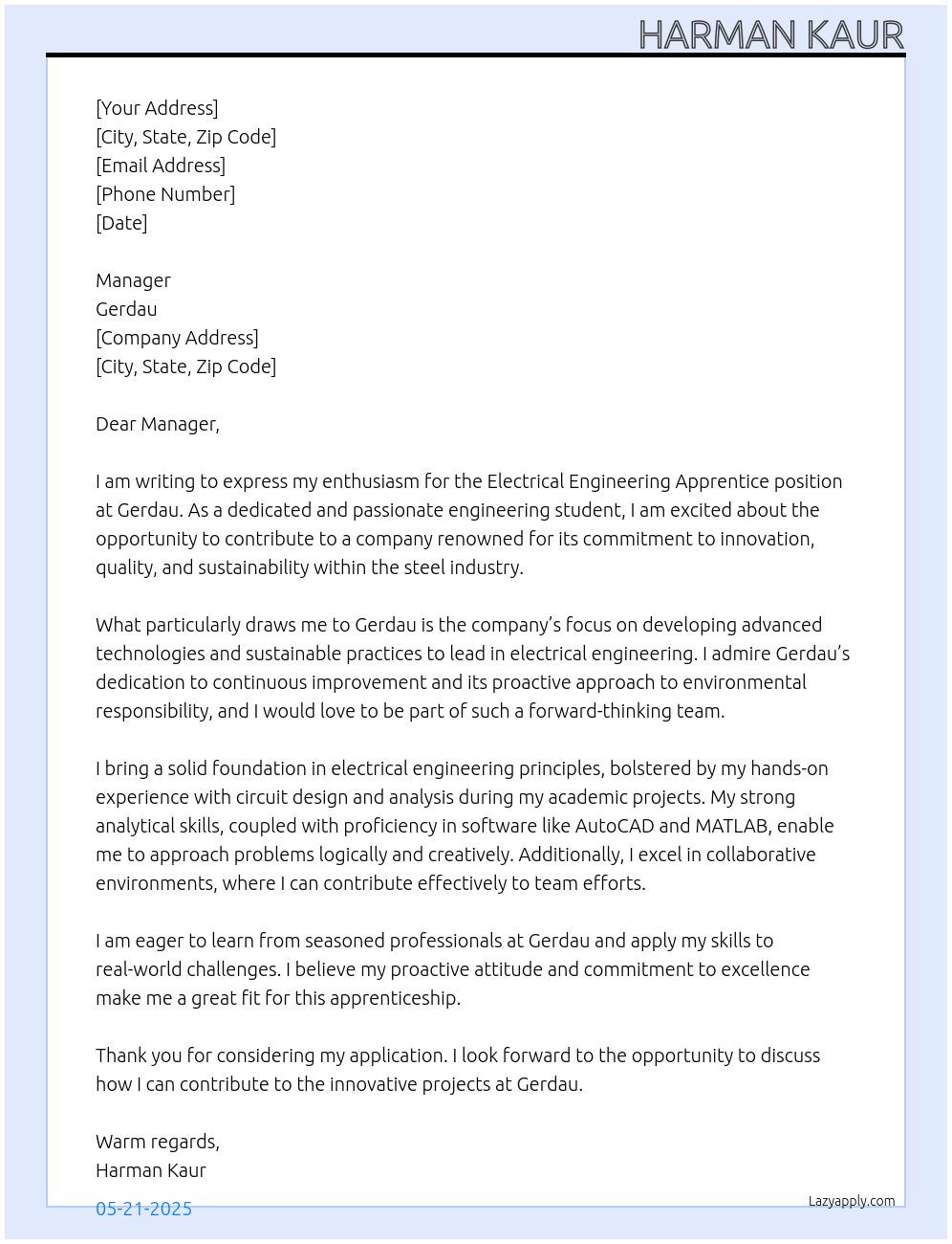 Electrical Engineering Apprentice At Gerdau Cover Letter