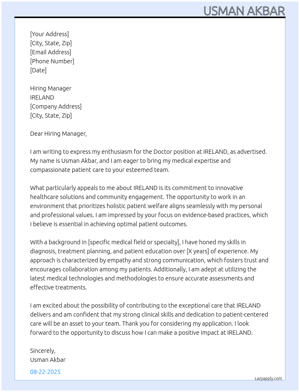 DOCTOR At IRELAND Cover Letter