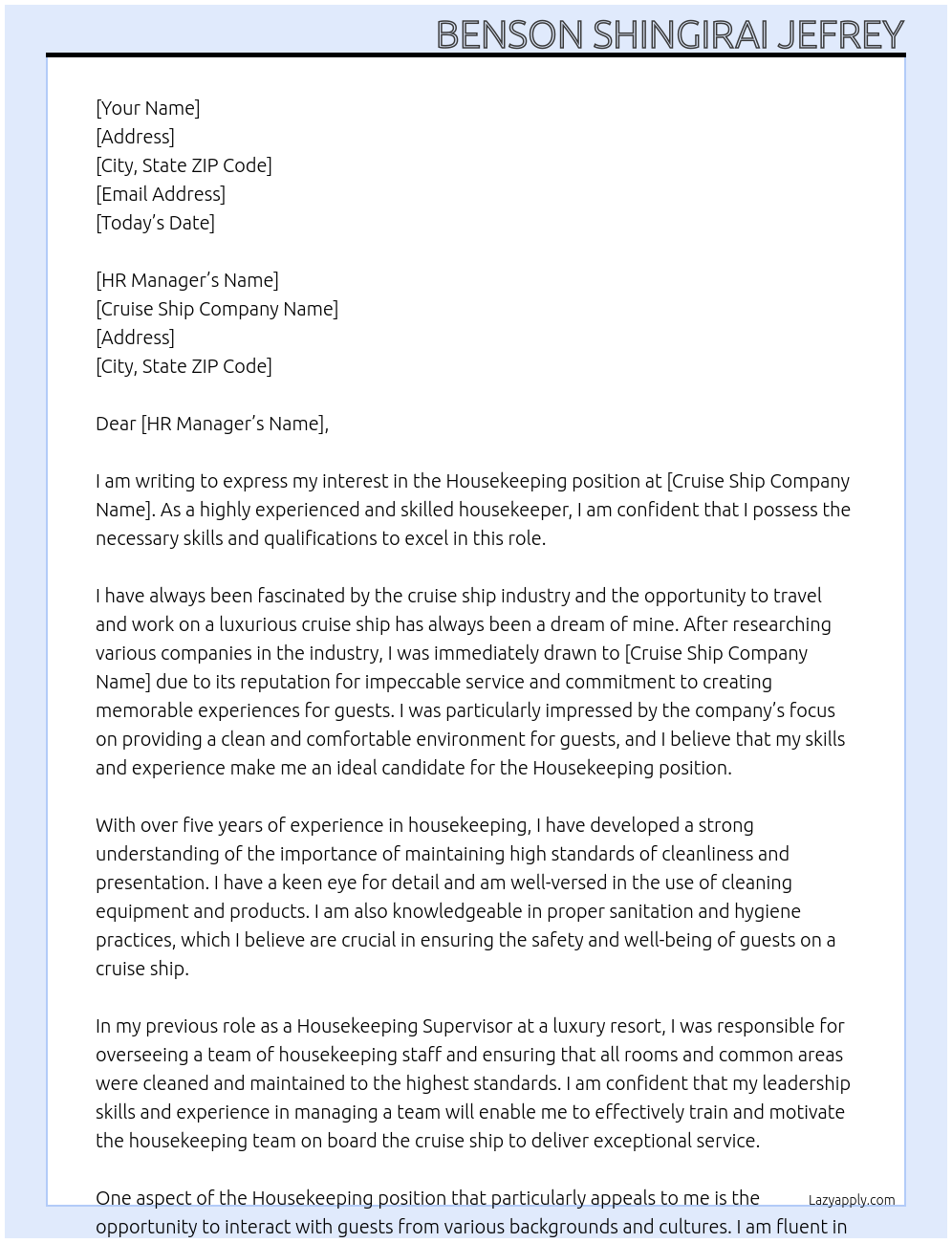 housekeeping At Cruise ship Cover Letter