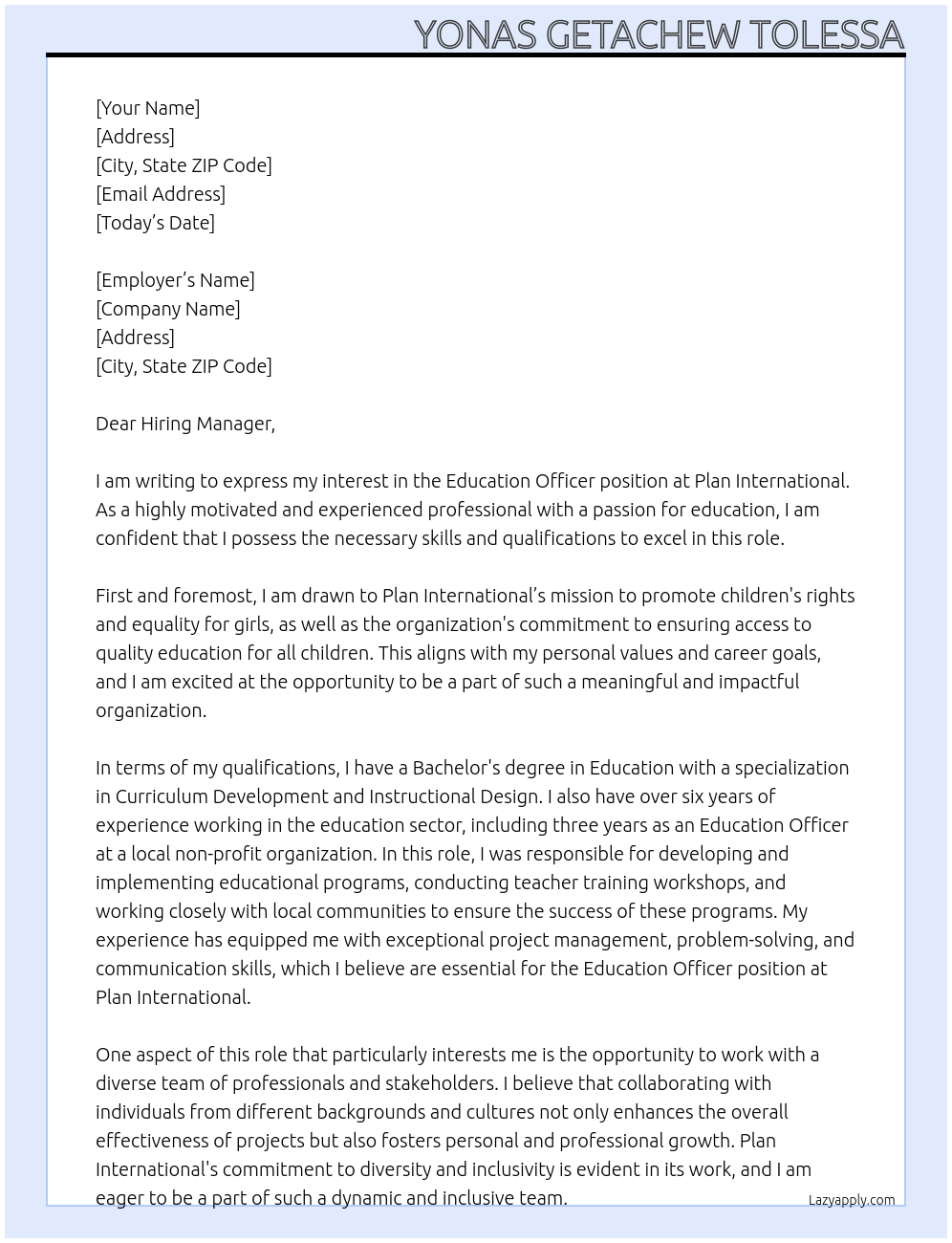 Education Officer At Plan International Cover Letter