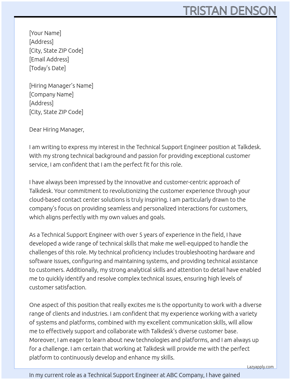 Technical Support Engineer At Talkdesk Cover Letter