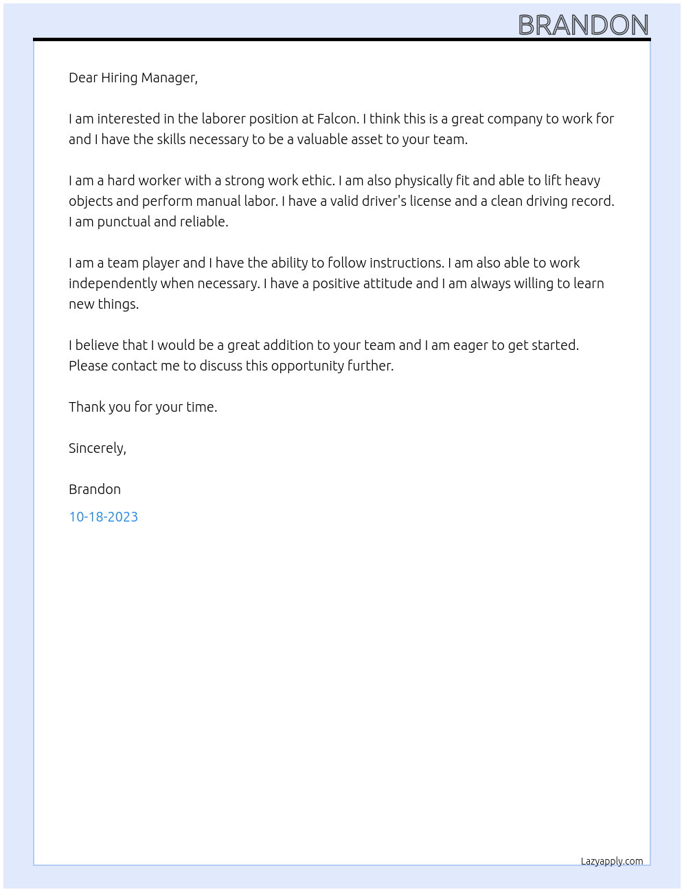 Laborer At Falcon Cover Letter